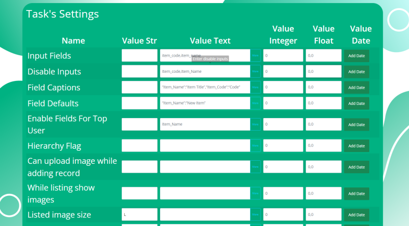 Task Setings Screen
