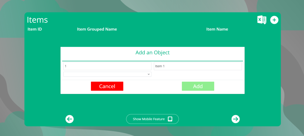 Item Add Object Screen